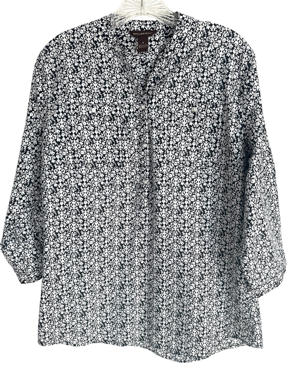Bit & Bridle 100% Cotton 3/4 Sleeve Half Button Black White Print Blouse Size M